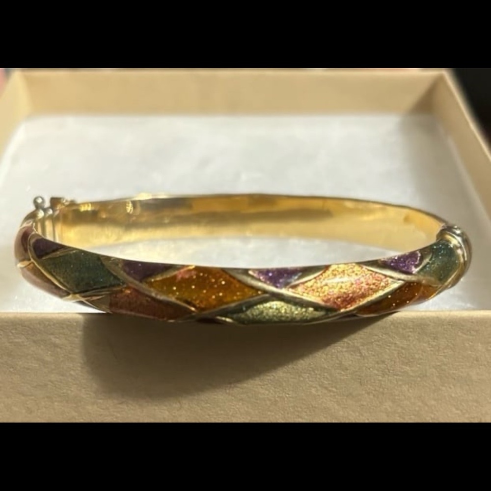 14k gold checkered enamel bangle bracelet - Picture 4 of 10